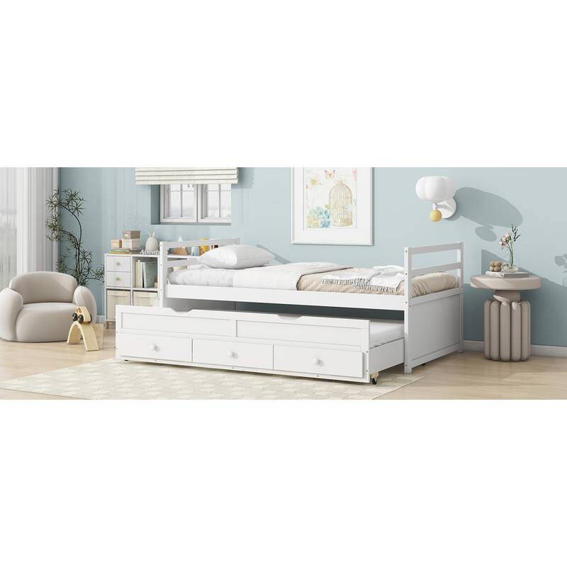 Roomfitters Twin Bed Frame with Headboard and Footboard, Pull-Out Trundle and Underbed Storage, Pine Wood Platform Bed