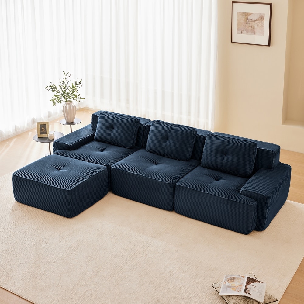 117" Modern L-Shaped Modular Sectional Sofa for Living Room, Corduroy Fabric,3-Seater Couch with Deep Seat and Movable Ottoman