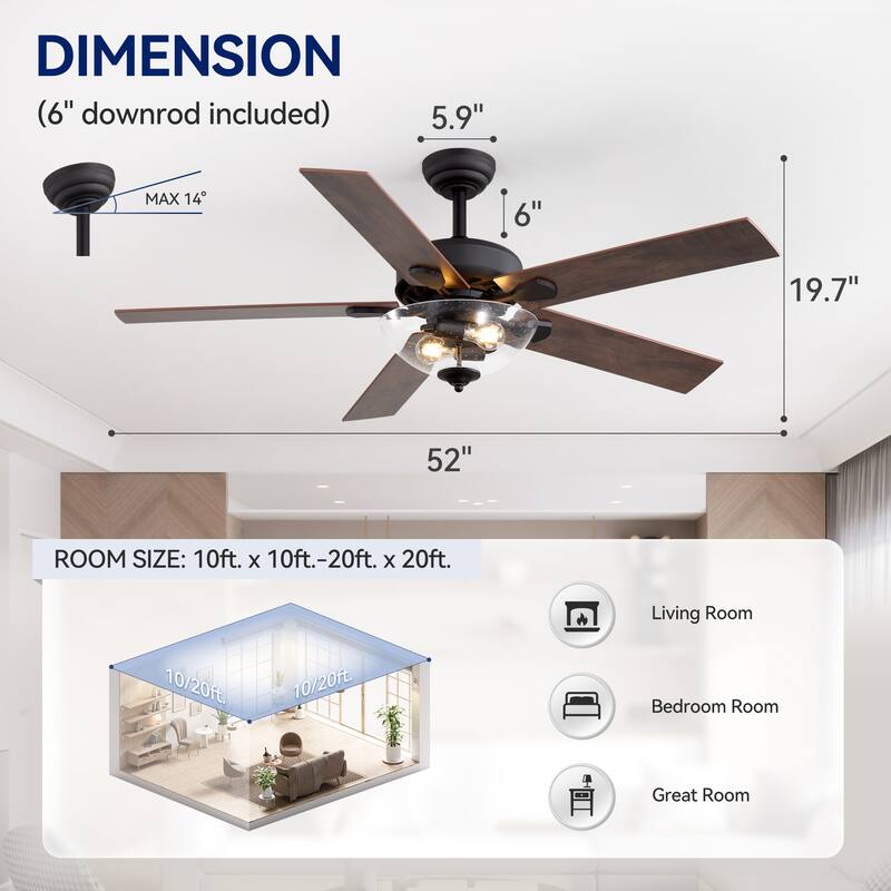 52" Farmhouse 2-Light Ceiling Fan with Glass Shade and Remote(5-Blade)