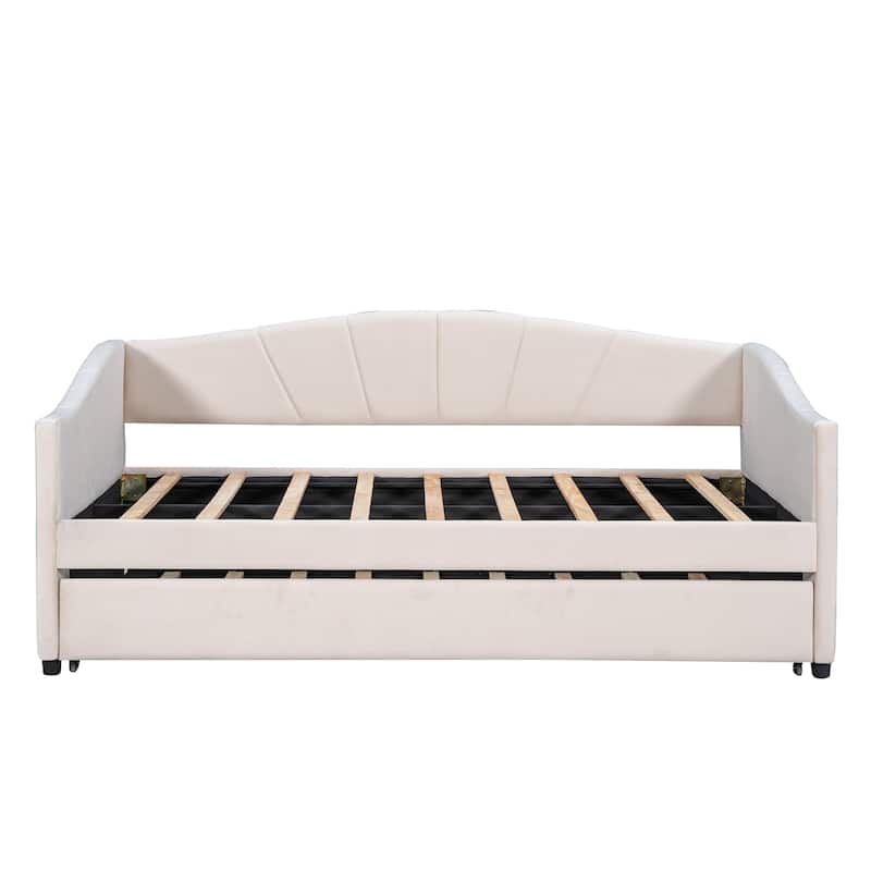 Beige Upholstered Velvet Twin Daybed with Trundle