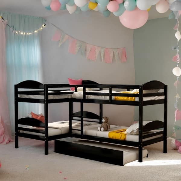 slide 2 of 14, Functional and Aesthetic Design Twin L-Shaped Bunk bed with Trundle, Elegant Design Twin L-Shaped Bunk bed with Trundle Espresso