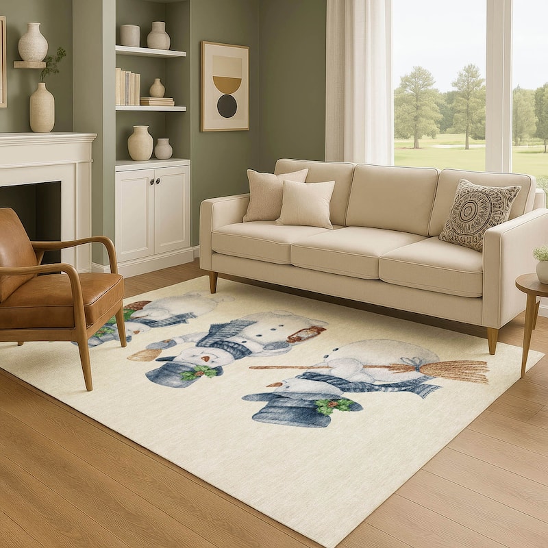 Premium Washable Super Soft Winter Holiday Snowman Mayfield Rug - Ivory - 10' x 14'