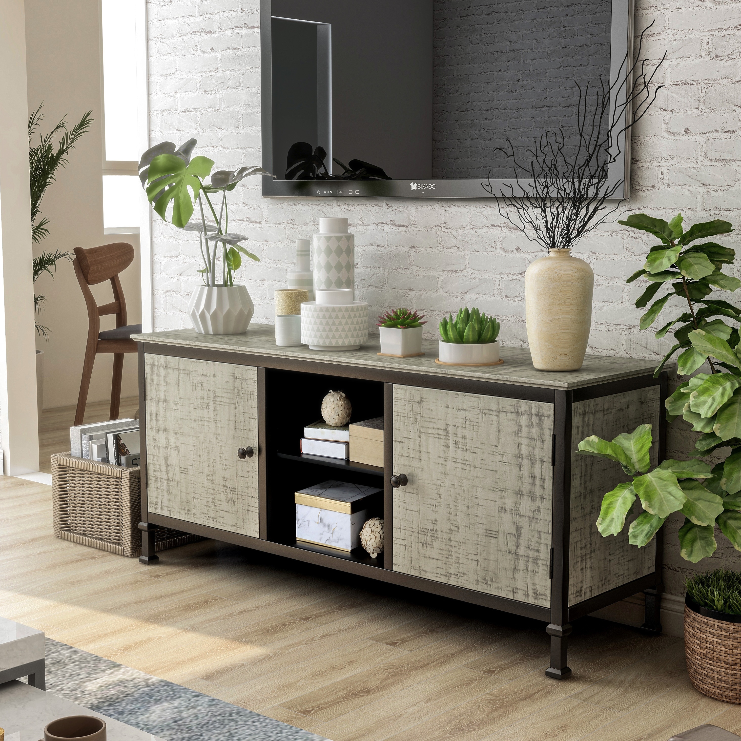Furniture of America Romana Transitional Grey Metal Multi-functional Storage TV Console