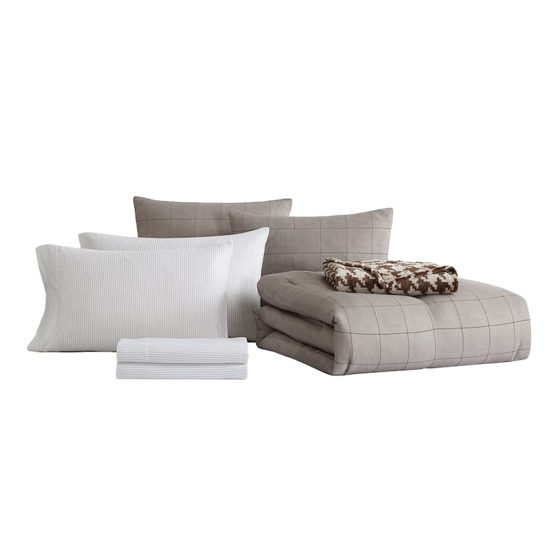 Kenneth Cole Reaction Holden Grid Cotton Brown Reversible Bonus Comforter Set
