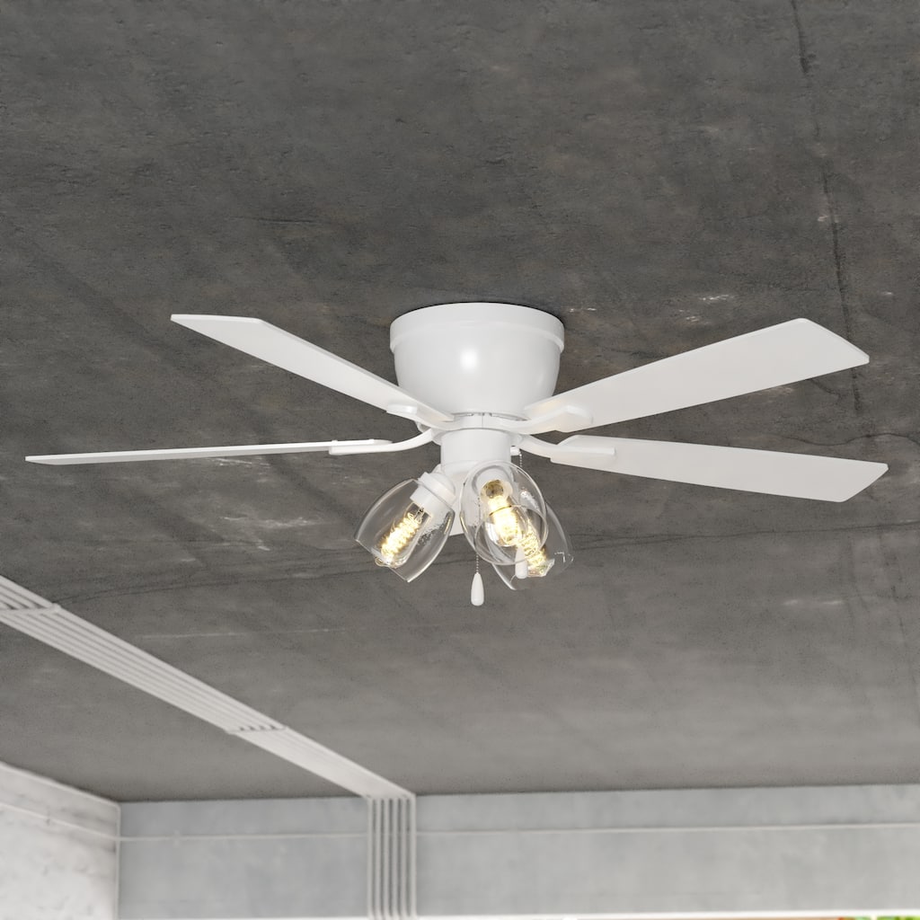 Brayton 52 in. Low Profile Flush Mount Ceiling Fan with Reversible Blades, LED 3-Light Kit, Pull Chain, Clear Seeded Glass Shade
