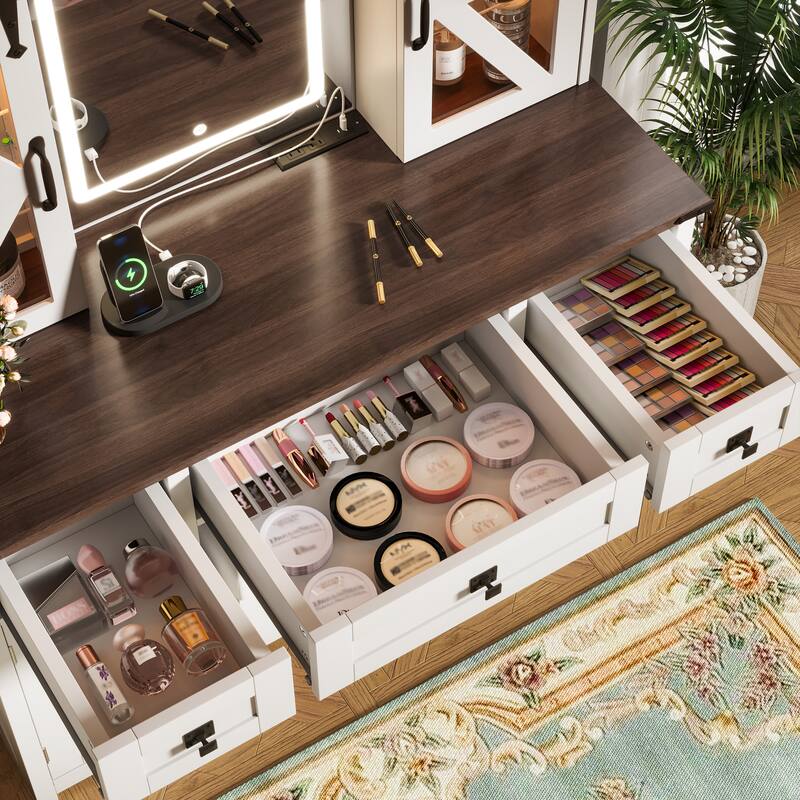 43.3" Farmhouse Makeup Vanity Desk with Lighted Mirror, Vanity Table Set with Storage Stool and Charging Station