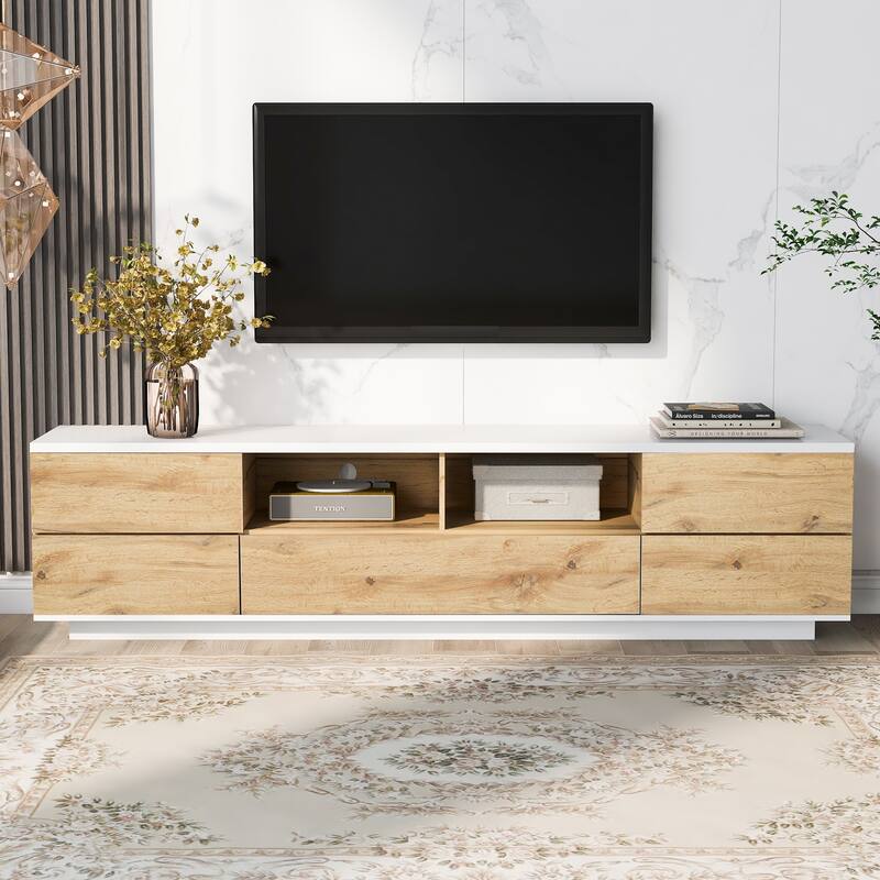 Natural+White 70.8" TV Stand with Storage & Rebound Door for 80" TVs