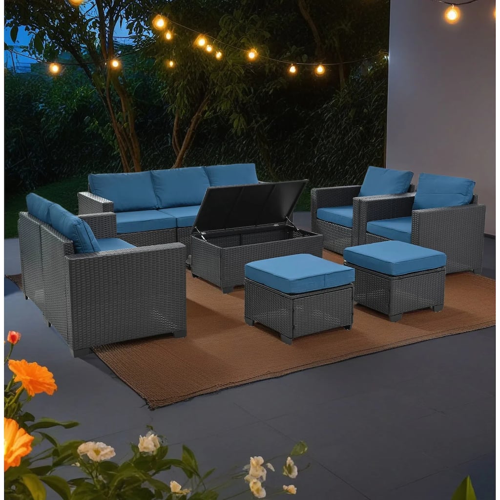 10-Piece Outdoor PE Rattan Cnversation Sectional Sofa Set with Storage Coffee Table and Waterproof Cushions