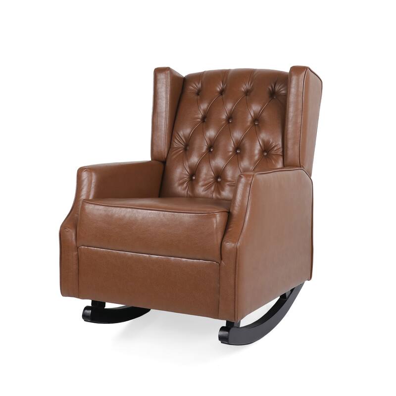 Light Brown Modern 26.5" High Back PU Upholstered Button Tufted Rocking Chair with Wing Back for Living Room