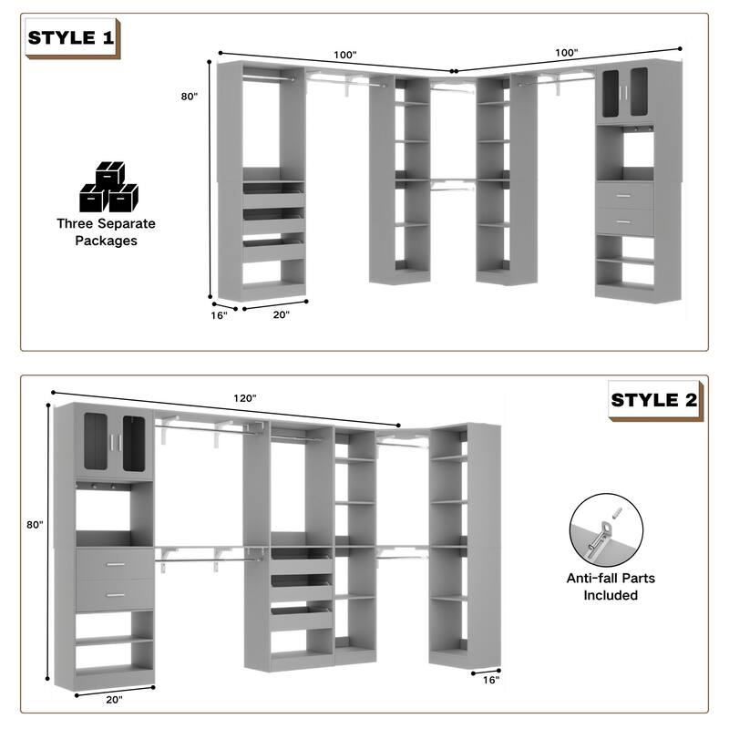 100" × 100" Closet System With Door and Wooden Drawers, Closet Organizer with 5 Hanging Rods and 20 Storage Shelves