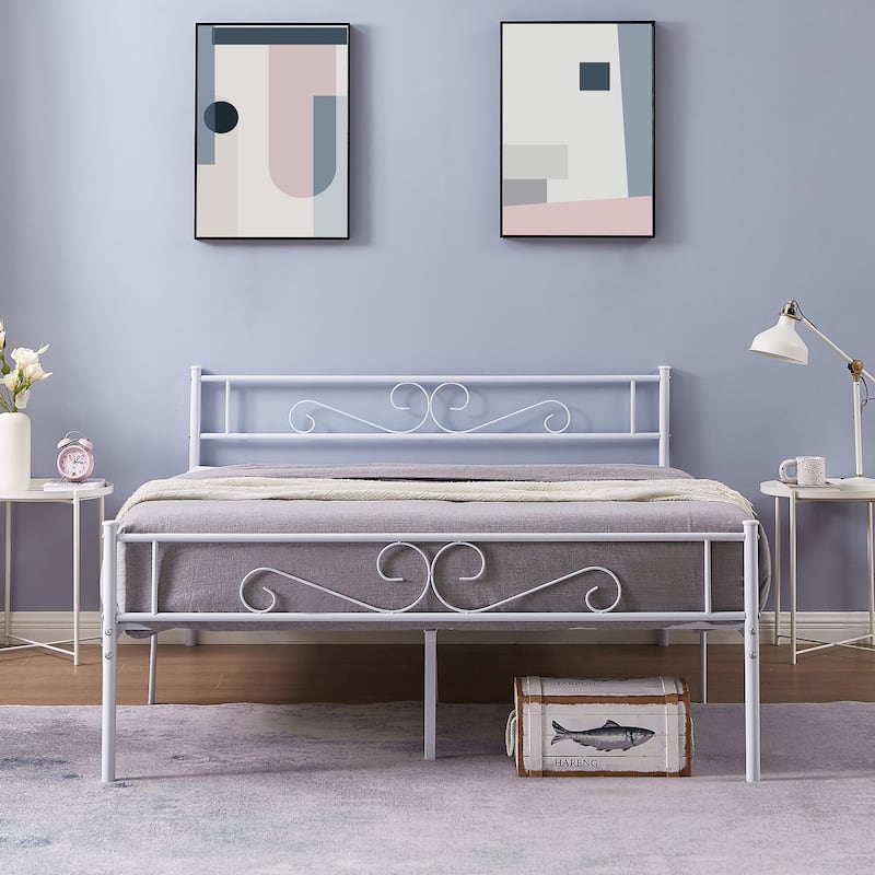 Javlergo Victorian Style Modern Metal Platform Bed Frame with Headboard and Footboard No Box Spring Needed - White - Full