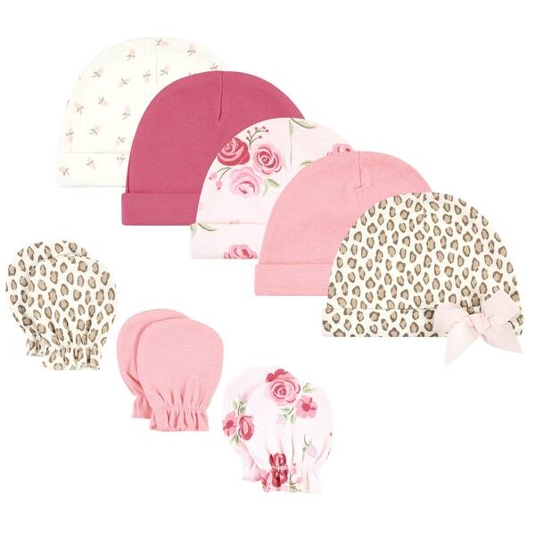 slide 1 of 1, Hudson Baby Infant Girl Cotton Cap and Scratch Mitten Set, Blush Rose Leopard, 0-6 Months - Blush Rose Leopard Blush Rose Leopard - 0-6 Months
