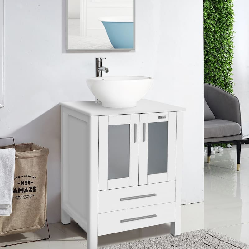 24" Bathroom Vanity White Set Glass/ Ceramic Vessel Sink Cabinet Faucet Drain Free Standing Combo
