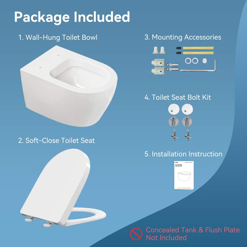 HOROW WaterSence Elongated Compact Wall Hung Toilet Bowl Only in White, Soft Close Seat Included - N/A