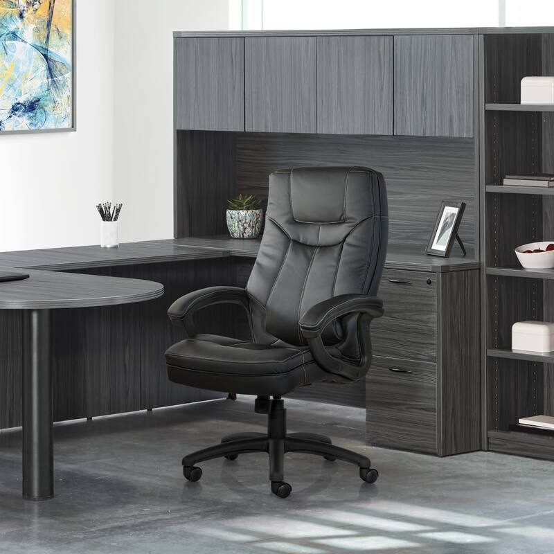 Executive Faux Leather High-Back Office Chair with Contrast Stitching - Black