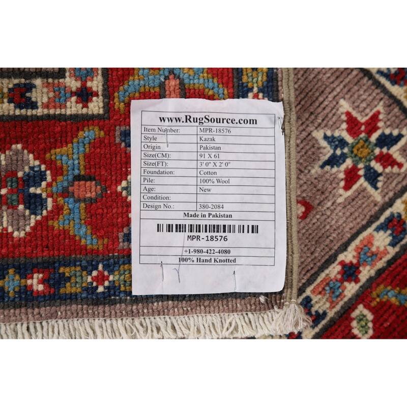 Geometric Kazak Oriental Accent Rug Hand-Knotted Wool Carpet - 2'0" x 3'0"