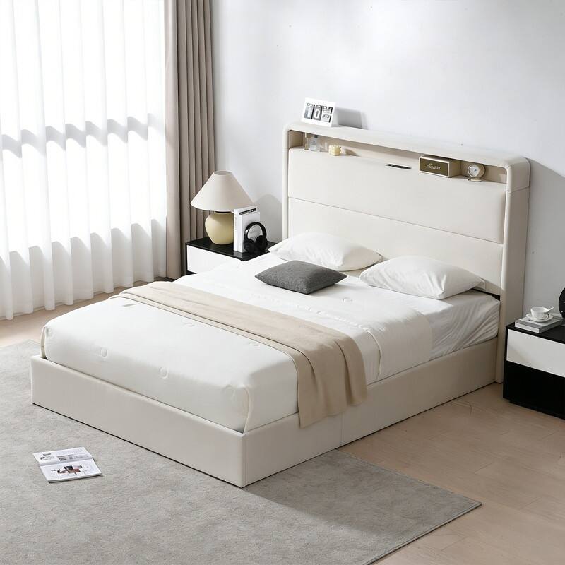 Upholstered Platform Bed With Charging Station & LED Lights
