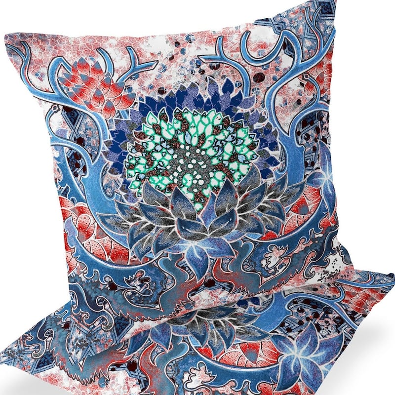HomeRoots Set of Two 16" X 16" Blue and Pink Blown Seam Floral Indoor Outdoor Throw Pillow - 16.00' X '16.00' X '5.00
