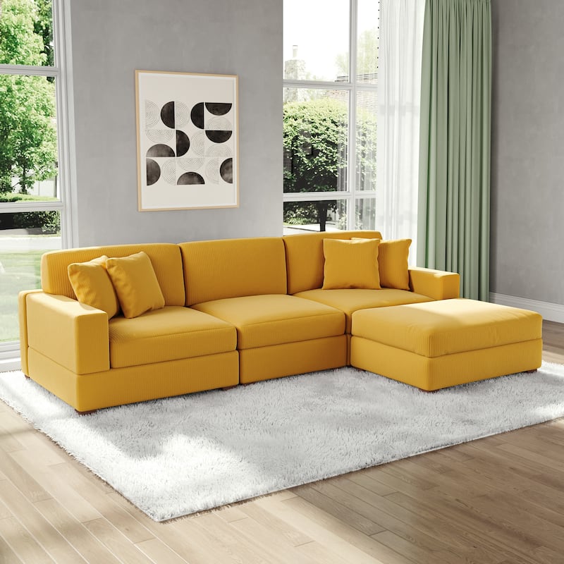 Modular Corduroy Sectional Sofa Set Chaise Couch with Ottoman