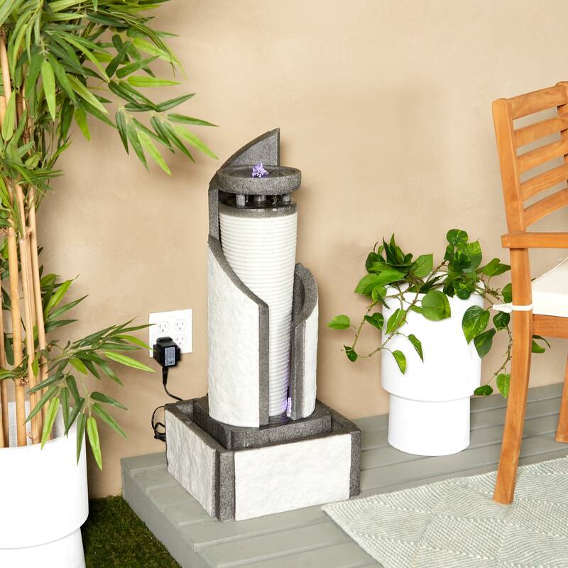 Light Gray Fiberglass 2 Tier Geometric Fountain with LED Light - Grey