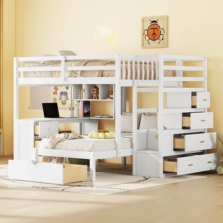 White Full over Twin Size Solid Wood Bunk Bed with Desk, Drawers and Shelves