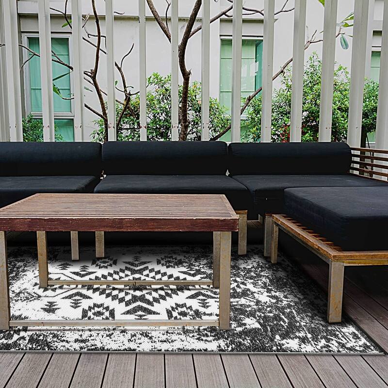 Lush Ambience Outdoor Rugs - Made of Recycled Plastic Straws - Waterproof & Reversible Rectangular Area Rug - Zain Black