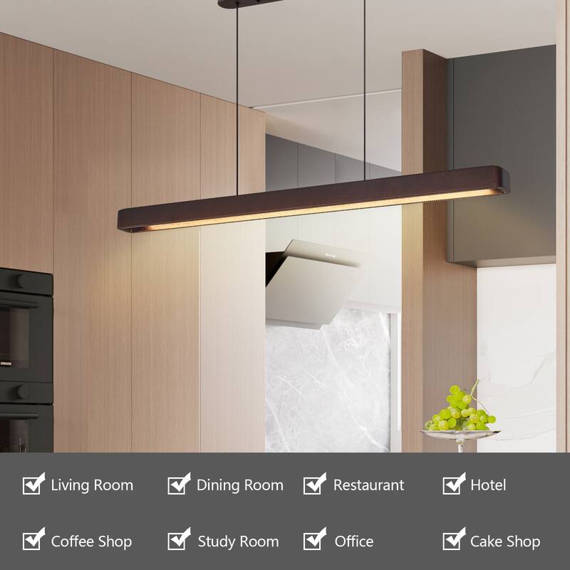 39" Walnut Wood Modern LED Pendant Light, Adjustable Hanging Light