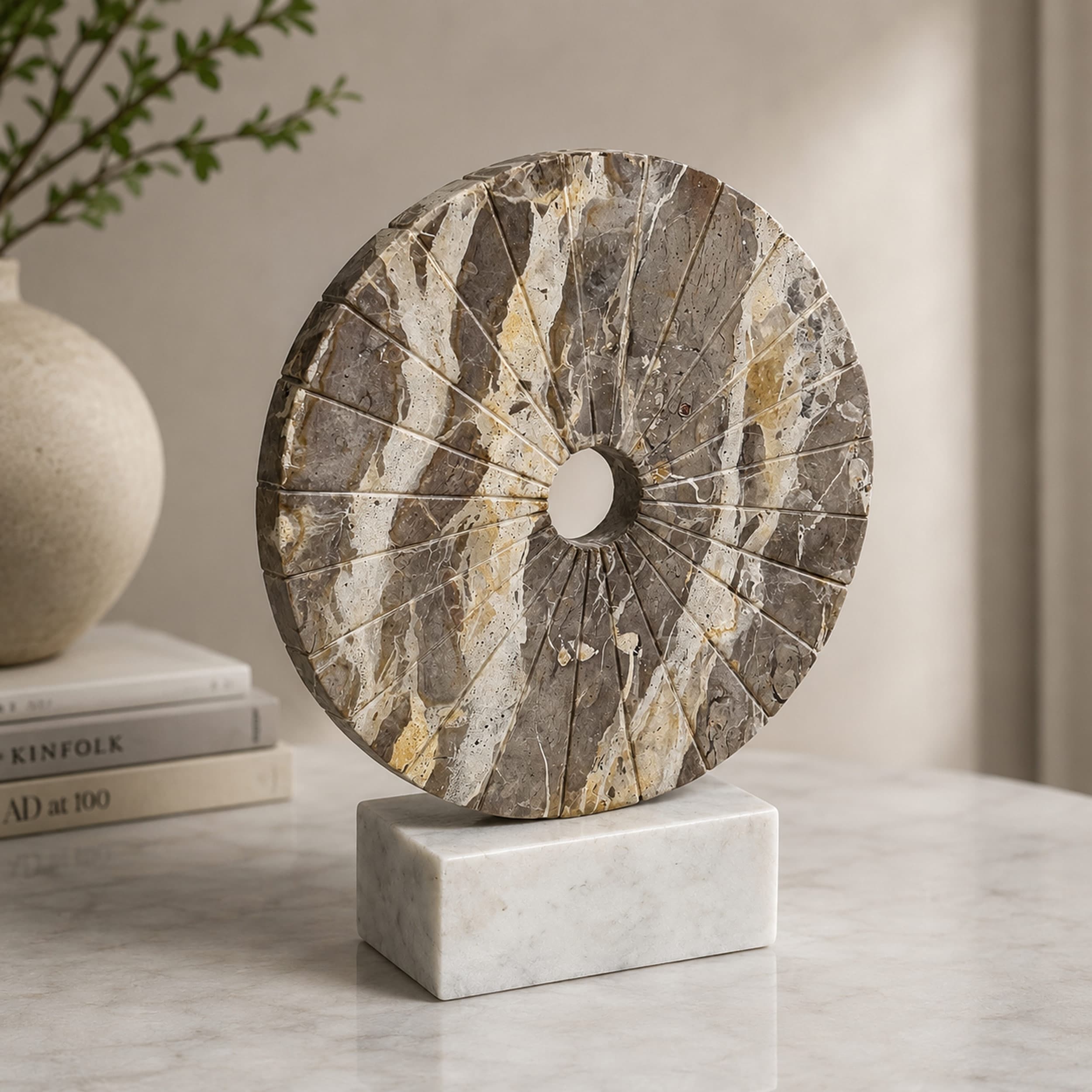 Helios Wheel - Sculptural Beige and White Marble Decorative Object - Tabletop Accent