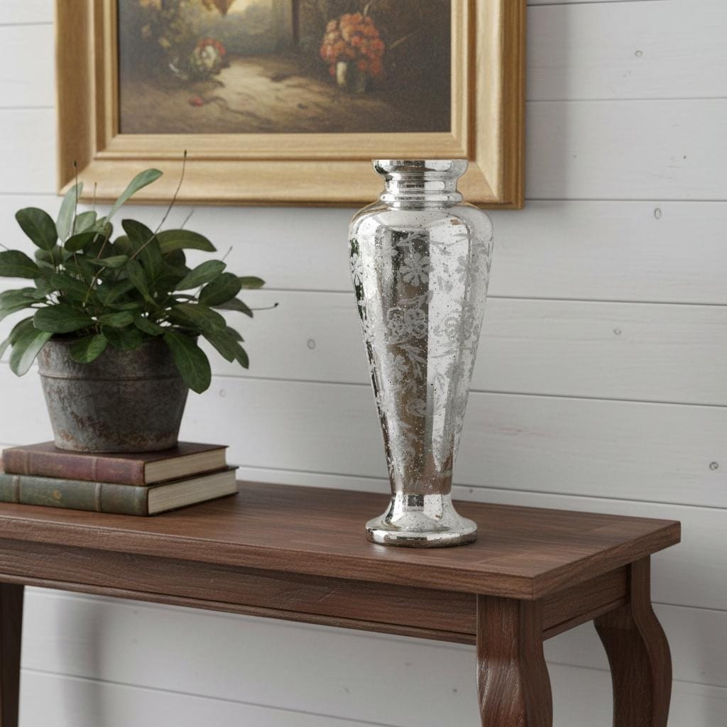 20" Antiqued Silver Etched Floral Glass Round Table Vase - 7.50