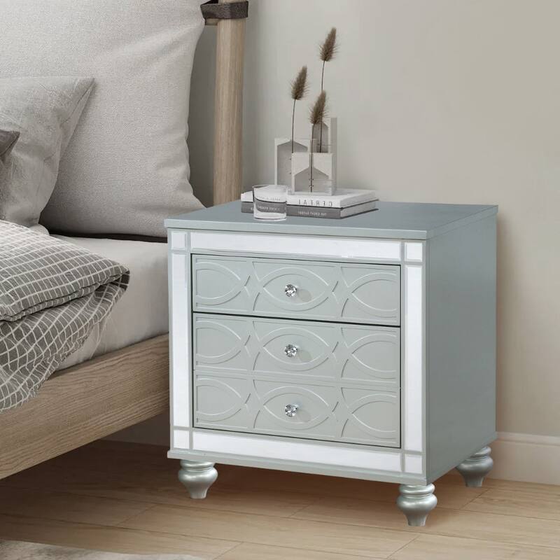 Gina 29 Inch Modern Glam Nightstand, Round Crystal Knobs, USB Ports, Silver