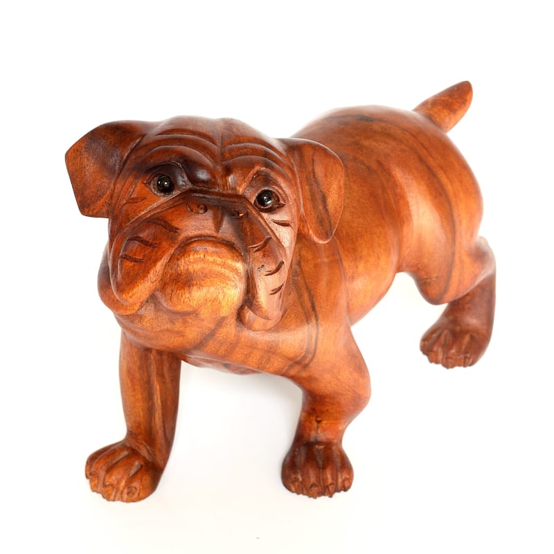 Wooden Hand Carved Walking Bulldog Statue Figurine Sculpture Art Rustic Home Decor Accent Handmade Handcrafted Wood Gift Dog