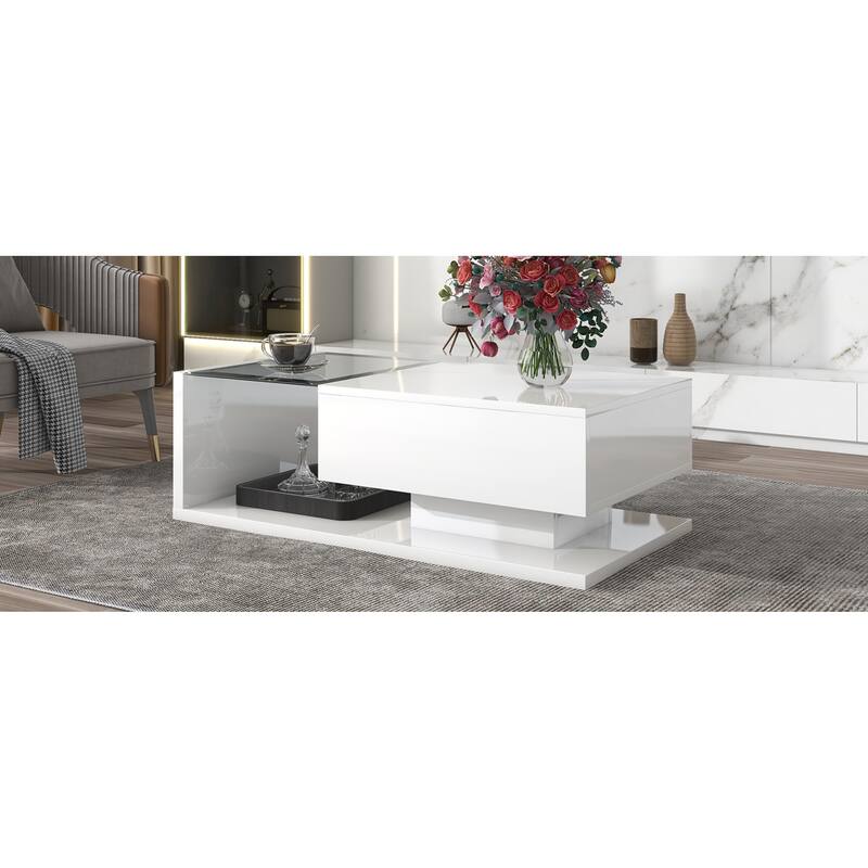 Contemporary Coffee Table with Tempered Glass & Wooden Base, 2-Tier Design, High Gloss UV Surface for Living Room, Black