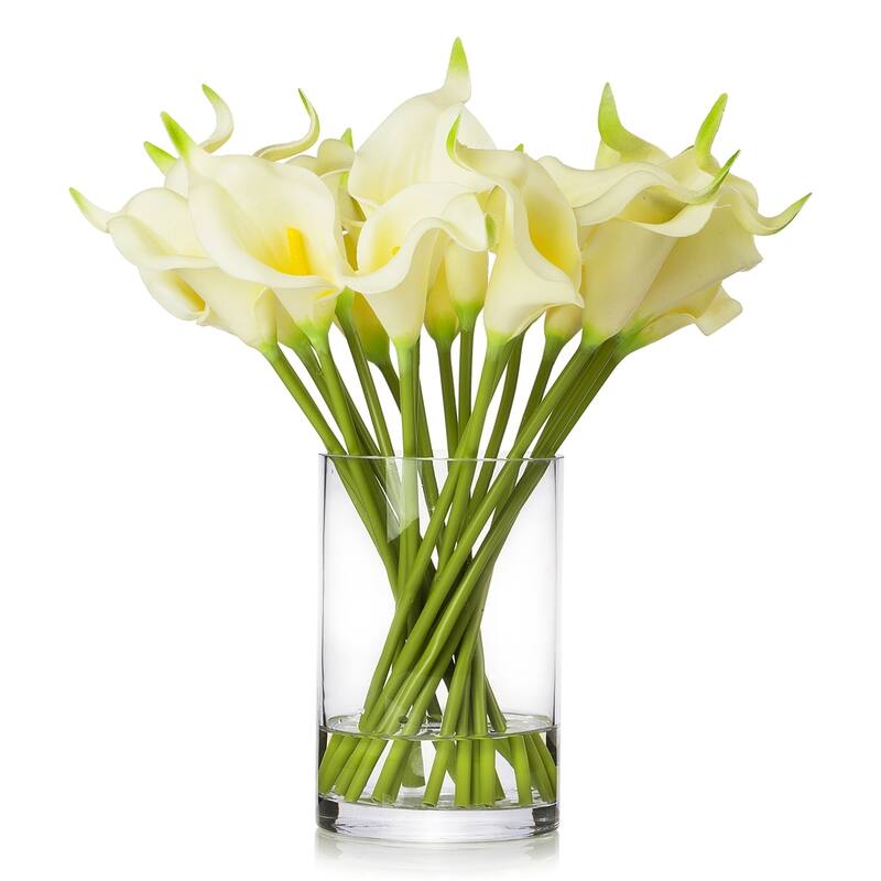 Enova Home Artificial 20 Pieces Real Touch Lilies Fake Silk Flowers Arrangement in Glass Vase with Faux Water for Home Decor - Ivory