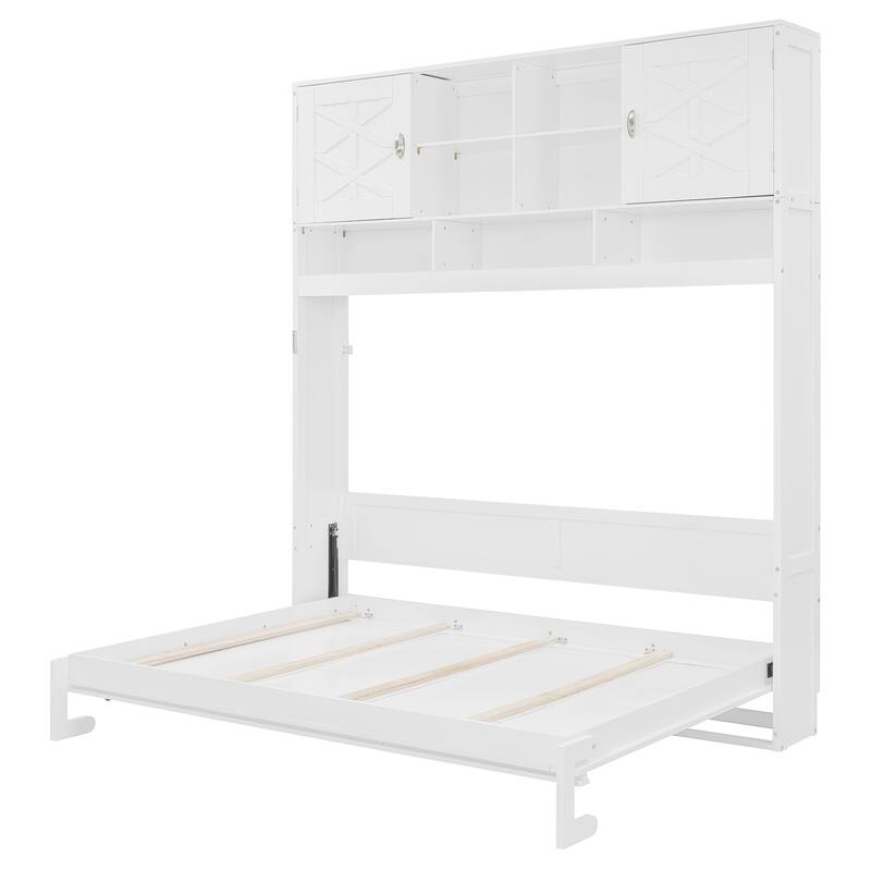 Queen Size Storage Murphy Bed with Bookshelf, Folding Murphy Wall Bed Space-Saving Wood Bedframe for Guest Room, Bedroom