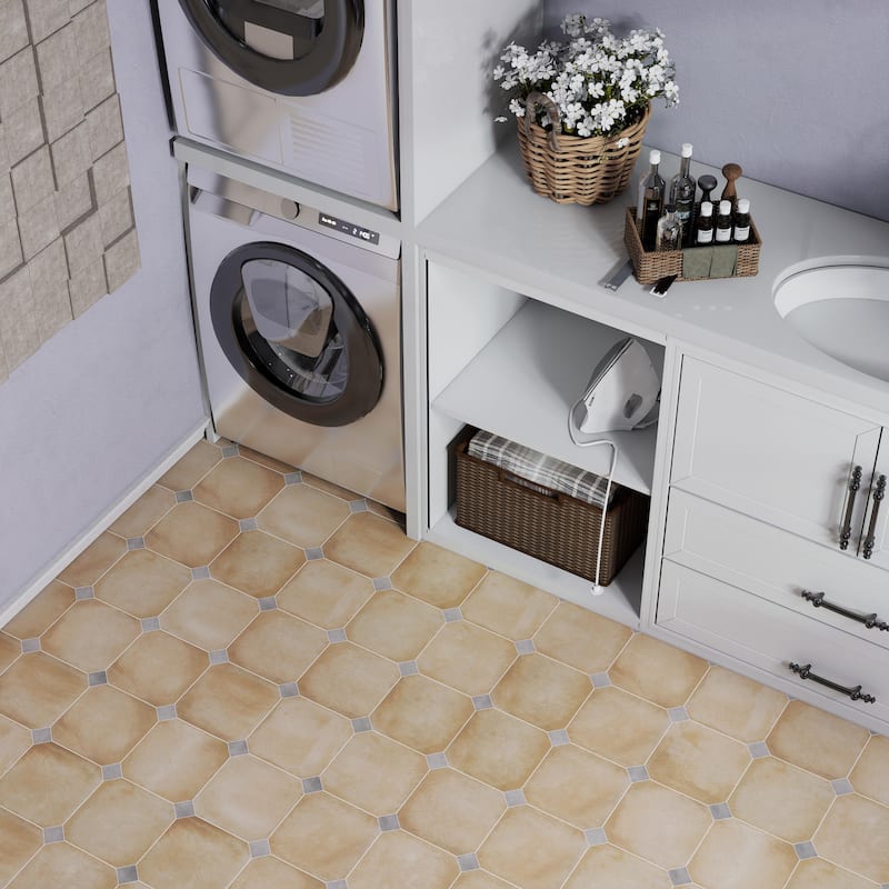 Merola Tile Laverton Octagon Beige with Taco Gris 7-7/8" x 7-7/8" Porcelain Floor and Wall Tile - Case (50 Tiles)