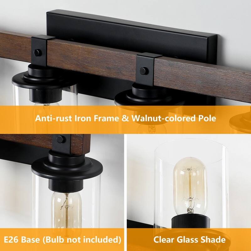 Vanity Light, Industrial Bathroom Wall Sconce with Glass Shades and Wood Accent, Modern Farmhouse Lighting Fixture (No Bulbs)