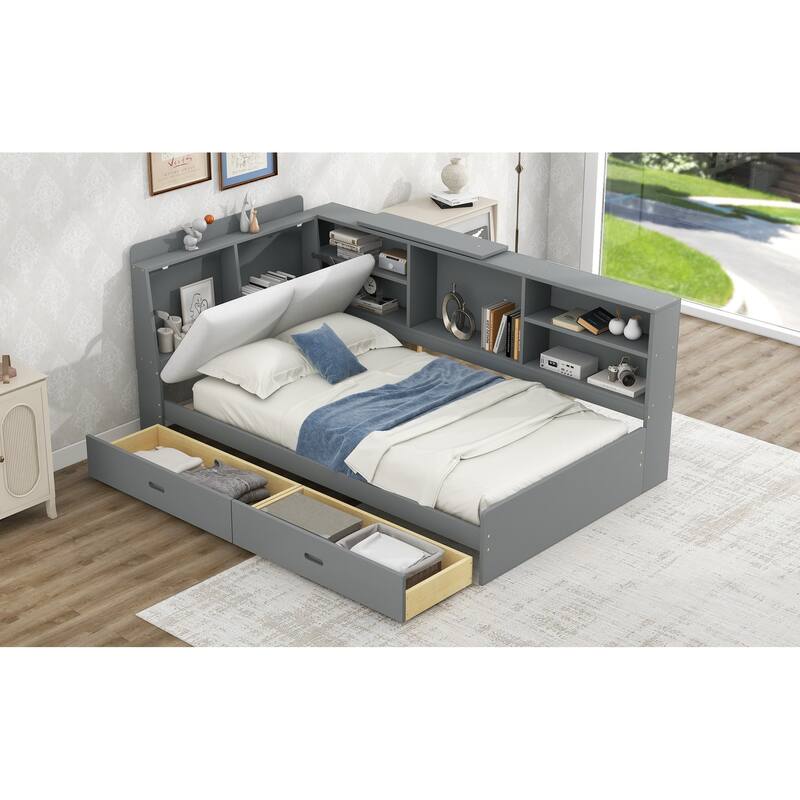 Wood Platform Bed with Storage Headboard, Shelves and 2 Drawers