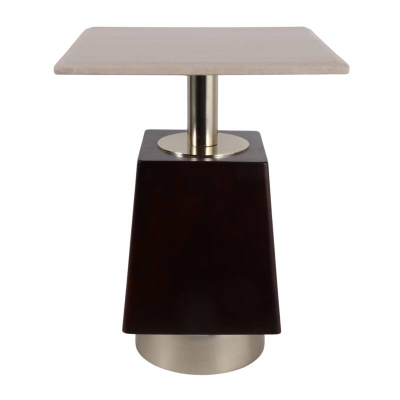Geometric Wood and Marble Side Table - 21", Brown & Ivory - 20.75"
