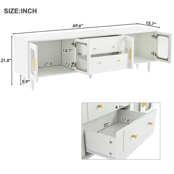 White TV Stand Media Console Table with Fluted Glass Doors & 2 Drawers ...