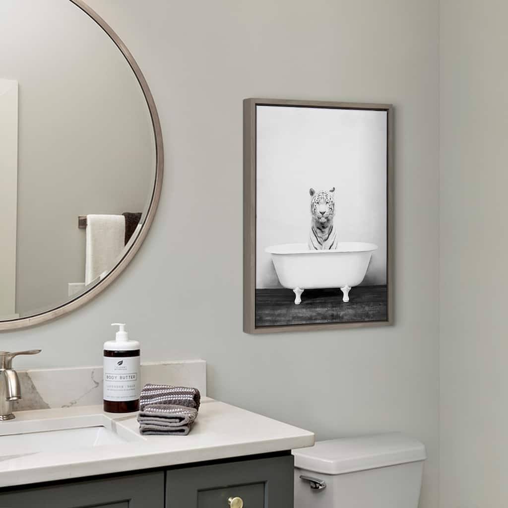 Kate and Laurel Sylvie Tiger in Bathtub Framed Canvas by Amy Peterson