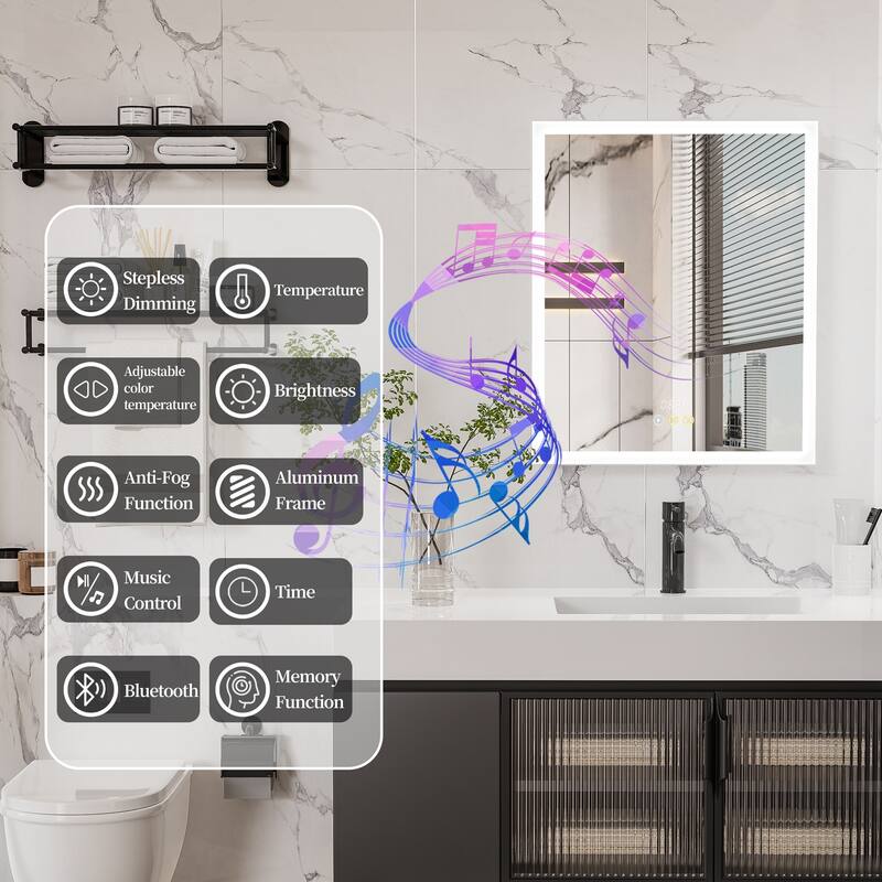 Mildewproof Aluminum Frame Bathroom Mirror Medicine Cabinet with Socket, Bluetooth Player