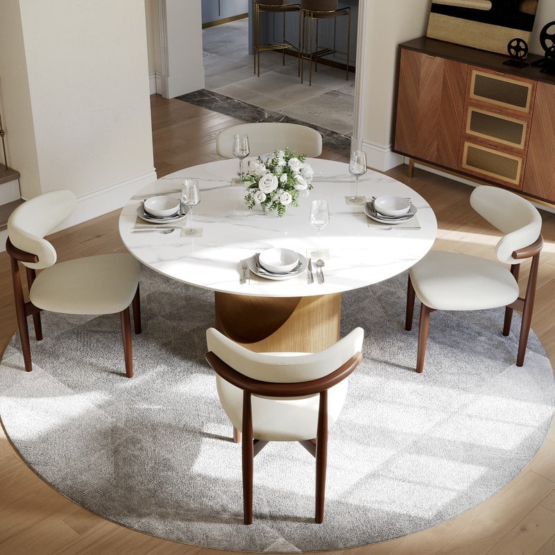 Modern Round Dining Table for Diningroom，White Glossy Stone Tabletop,Bronze Carbon Pedestal