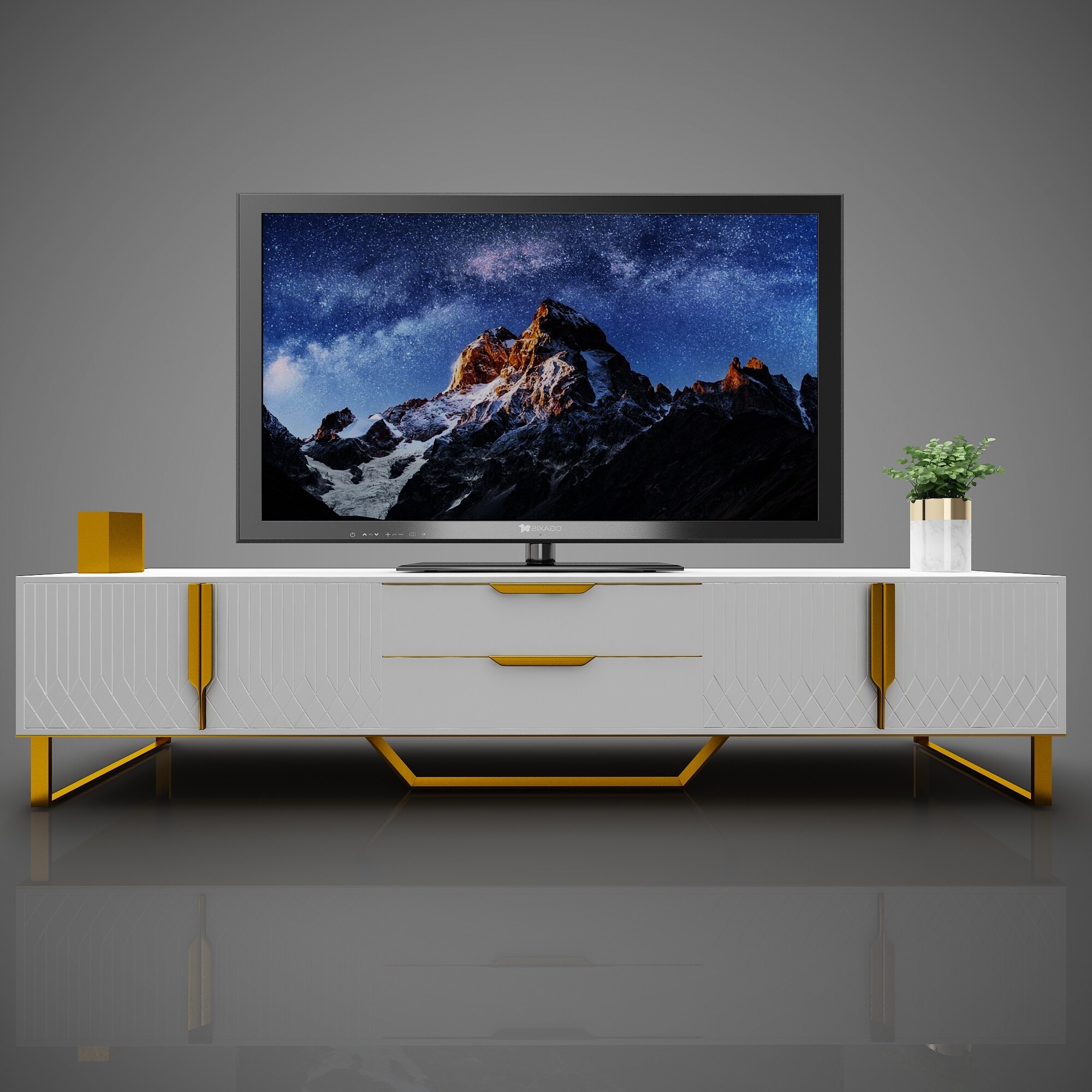 Elegant TV Cabinet with Unique Carving and Metal Legs for TVs up 