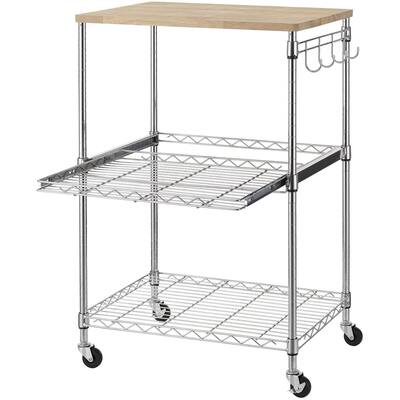 3-Tier Rolling Kitchen Cart, Microwave Cart with Oak Wood Tabletop and Drawer Slider, Coffee Cart & Food Service Cart with Hooks