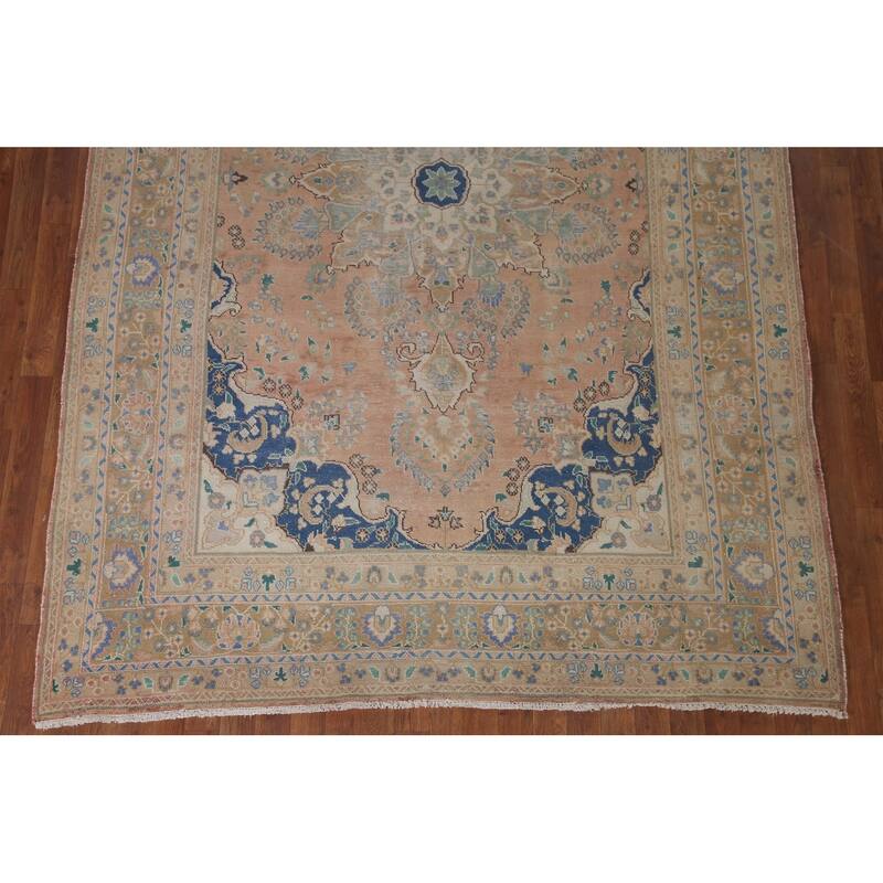 Distressed Mashad Persian Antique Area Rug Handmade Wool Carpet - 6'6" x 9'8"