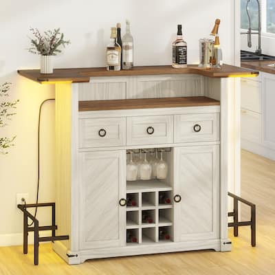 Moasis Farmhouse LED Bar Cabinet w/ Footrest, Home Bar Unit with Glasses Holder and Wine Storage