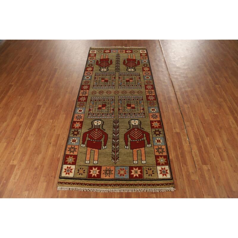 Hand Knotted Oriental 100% Wool Carpet Traditional Tribal Green Heriz (serapi) Runner Rug - 9' 11'' X 4' 1''