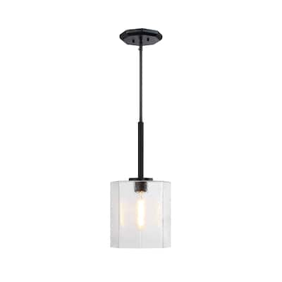 Haven 60 Watt 1-Light Matte Black Geometric Pendant Light with Clear Rippled Glass Shade - 22