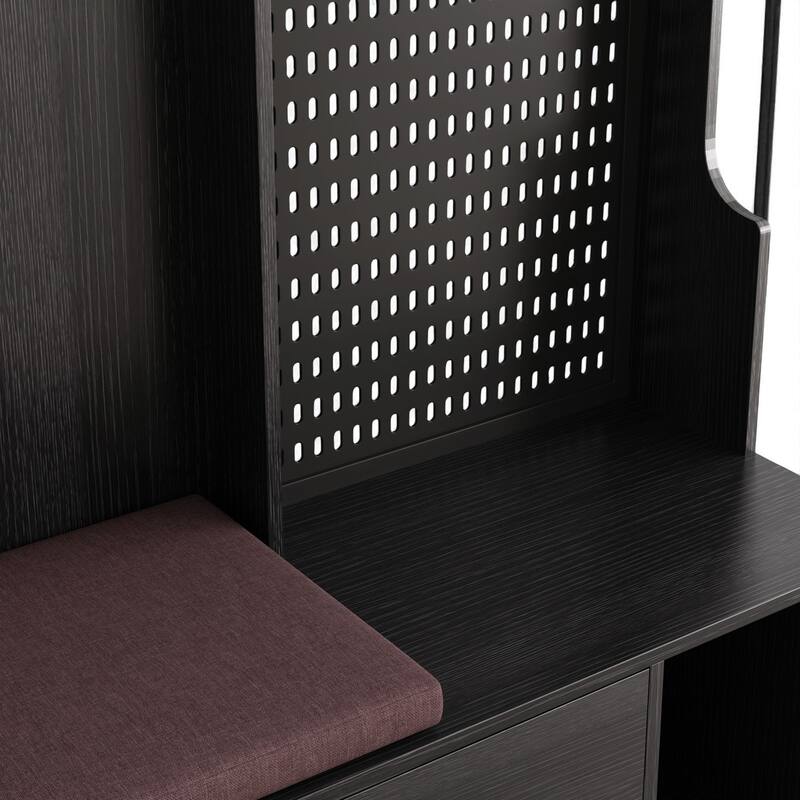 Modern Hall Tree with Removable Linen Cushion Bench, Coat Rack, Shelves & DIY Pegboard, 57.48 x 14.96 x 77.17 in
