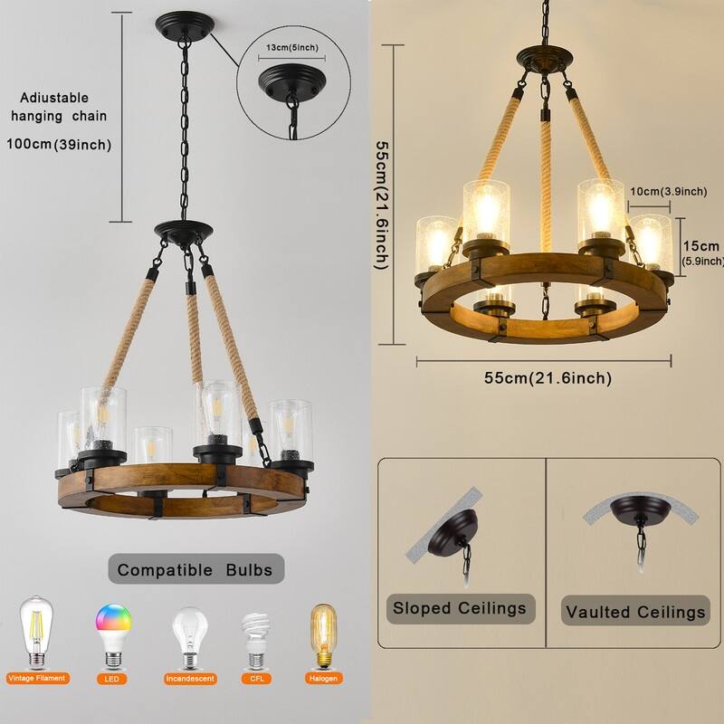 Wood Wagon Wheel Chandelier Farmhouse 6 Light with Seeded Glass Shade - 21.6inch